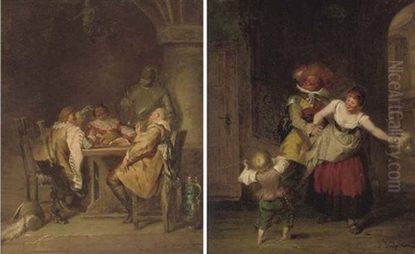 The Round Table (+ Flirtation; Pair) Oil Painting by Jakob Emanuel Gaisser