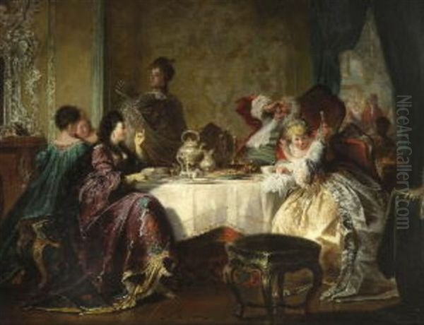 Heitere Rokokogesellschaft Am Teetisch Oil Painting by Jakob Emanuel Gaisser