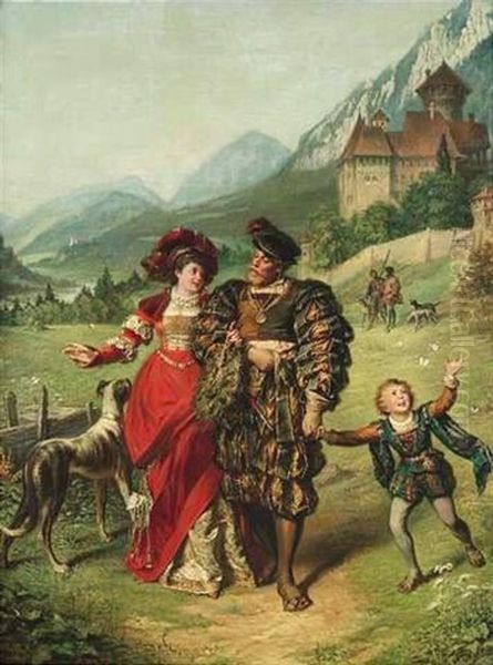 Motiv Aus Der Sagenwelt. Junges Paar In Historischen Kostumen Vor Einer Mittelalterlichen Burg Wohl In Tirol Oil Painting by Jakob Emanuel Gaisser