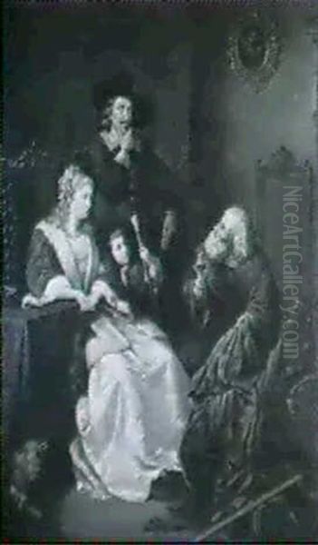 Feinster Stoff! Der Tuchhandler Fuhrt Einer Vornehmen       Familie Seine Waren Vor Oil Painting by Jakob Emanuel Gaisser