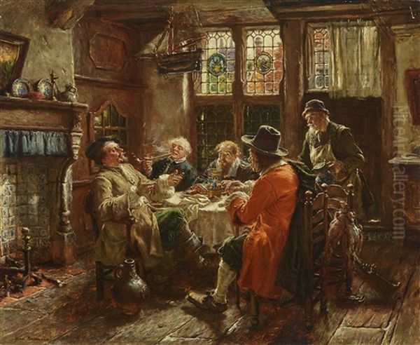 Group Of Men And Innkeeper In An Old Dutch Room Oil Painting by Max Gaisser