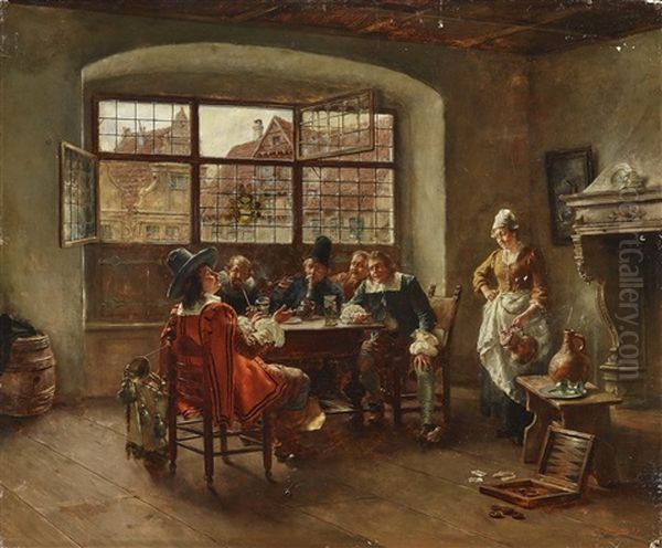 Group Of Men And Maid In An Old Dutch Room Oil Painting by Max Gaisser