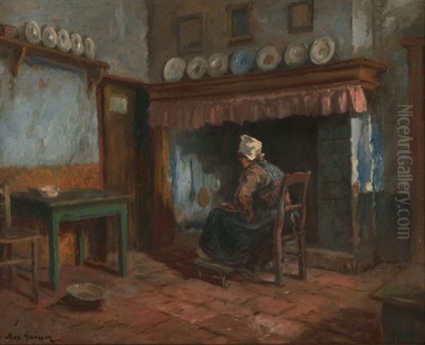 Sitzende Am Kamin Oil Painting by Max Gaisser