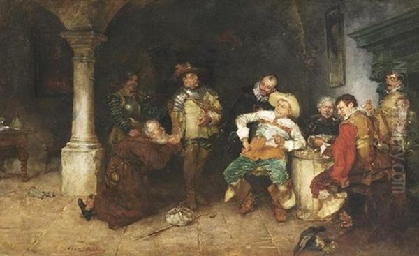 Genreszene. Landsknechte Verhoren Einen Alten Monch In Der Stube Oil Painting by Max Gaisser