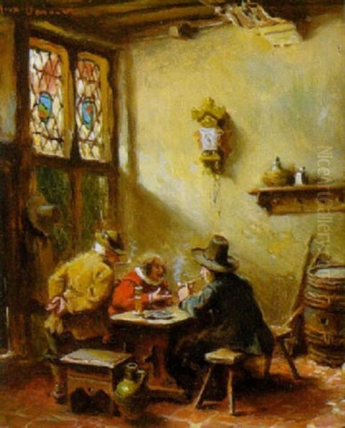 Niederlandisches Interieur Mit Drei Zechenden, Rauchenden Mannern Oil Painting by Max Gaisser