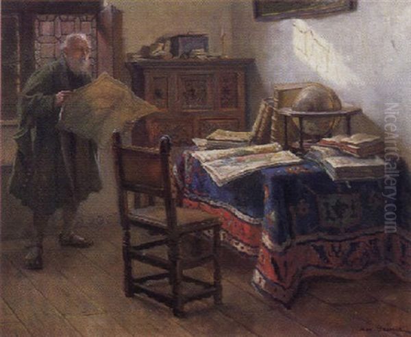 Ein Geograph In Seiner Studierstube Beim Studium Einer Alten Landkarte Oil Painting by Max Gaisser