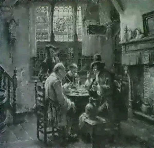 Frohliche Herrenrunde Bei Der Brotzeit In Hollandischem     Interieur Oil Painting by Max Gaisser