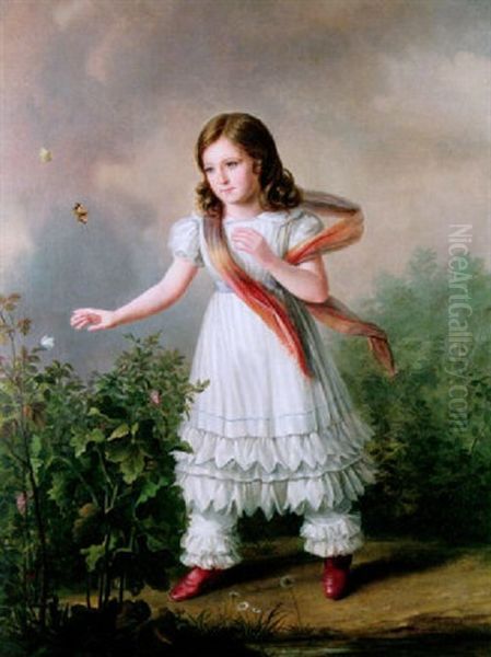 Fillette Cherchant A Saisir Un Papillon Pose Sur Un Rosier Oil Painting by Gustav de Galard