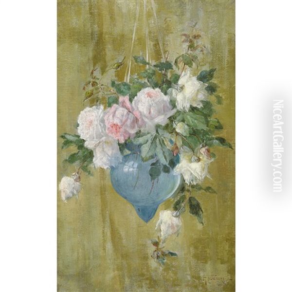 Rose In Vaso Di Vetro Blu Oil Painting by Gioacchino Galbusera