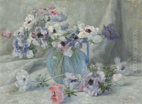 Stillleben Mit Anemonen In Blauem Glaskrug Oil Painting by Gioacchino Galbusera