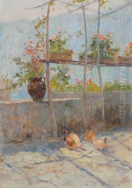 Huhner Auf Der Terrasse Oil Painting by Gioacchino Galbusera