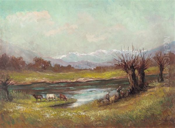 Paesaggio Con Laghetto Oil Painting by Gioacchino Galbusera