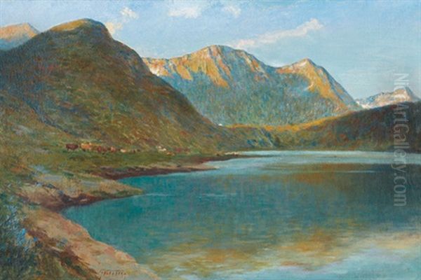 Engadiner Bergsee Mit Weidenden Kuhen Oil Painting by Gioacchino Galbusera