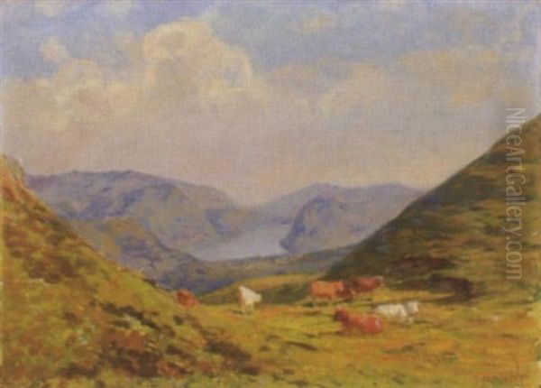 Kuhe Auf Einer Alp Mit Blick Auf Den Luganersee Oil Painting by Gioacchino Galbusera