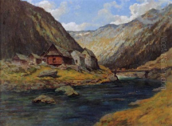 Tessiner Dorf An Einem Fluss Oil Painting by Gioacchino Galbusera