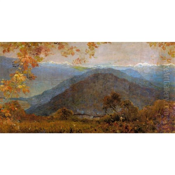 Tessiner Herbstlandschaft Mit Bergpanorama Und Hausern Oil Painting by Gioachimo Galbusera