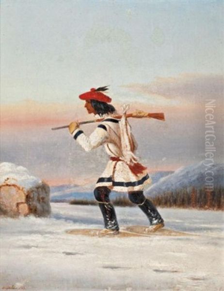 Indian Hunter On Snowshoes Oil Painting by Dennis Gale