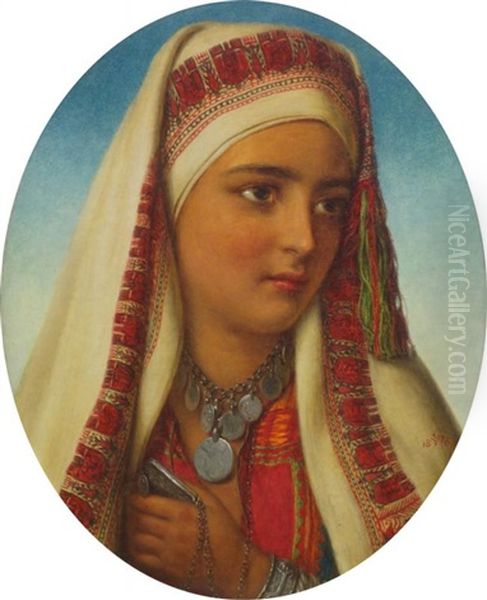 Portrait Of A North African Girl, Head And Shoulders In Traditional Dress Oil Painting by William Gale