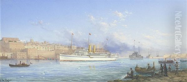 H.m.s. Medina And Escort Entering Malta Harbour, January 24th 1912 Oil Painting by Luigi Maria Galea