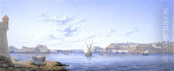 Marsamxett Harbour At Dusk; The Grand Harbour, Valletta Oil Painting by Luigi Maria Galea