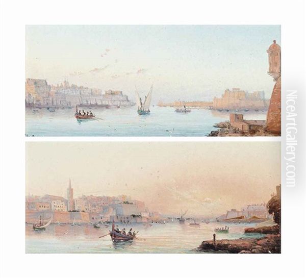 The Grand Harbour, Valletta; And Marsamxett Harbour At Dusk, Valletta by Luigi Maria Galea