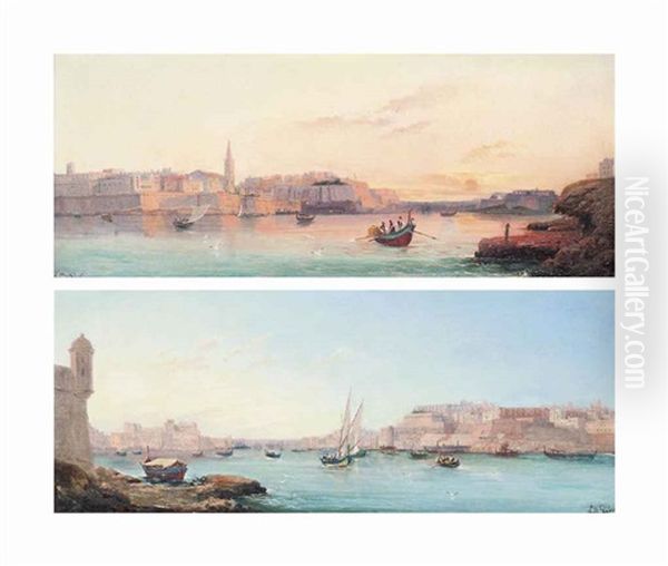 Marsamxett Harbour, Valletta; And Valletta From Senglea Point Oil Painting by Luigi Maria Galea