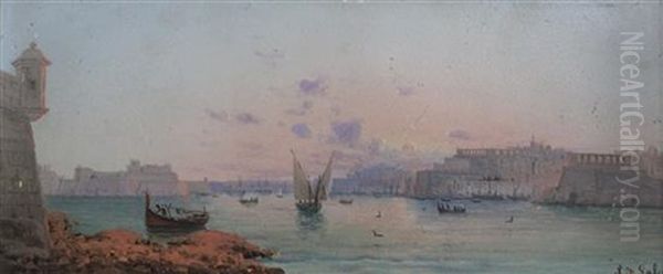 Views Of Valetta Harbour, Malta (a Pair) Oil Painting by Luigi Maria Galea