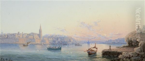 The Grand Harbour, Valetta, At Dusk Oil Painting by Luigi Maria Galea