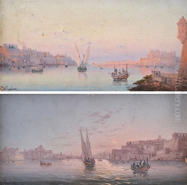 Pair Of Works Featuring Scenes Of Valetta Harbour, Malta (2 Works) Oil Painting by Luigi Maria Galea