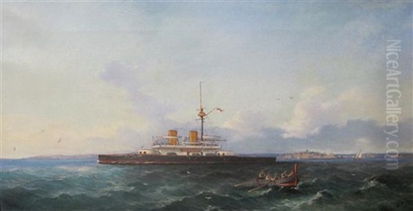 Hms Dreadnought Sailing Off The Entrance To Valetta Harbour, Malta Oil Painting by Luigi Maria Galea