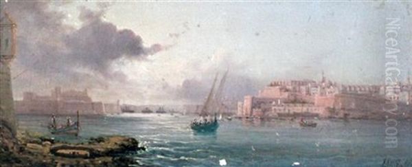 View Of Valetta Harbour Oil Painting by Luigi Maria Galea