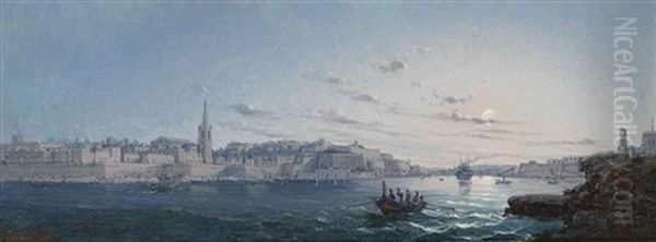 Shipping In Grand Harbour, Valetta, Malta, At Dusk Oil Painting by Luigi Maria Galea