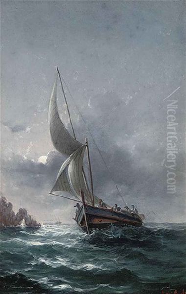 A Maltese Fishing Vessel Off The Coast Under Moonlight Oil Painting by Luigi Maria Galea