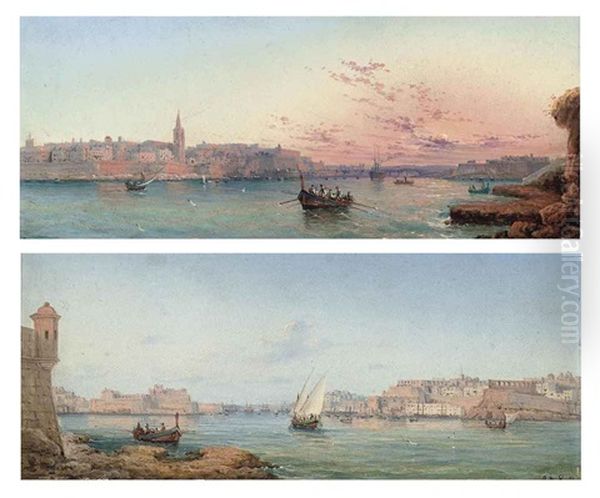 Rowing Out, Valetta Harbor, Sunset (+ Fishing Vessels In Valetta Harbor, Malta; Pair) Oil Painting by Luigi Maria Galea