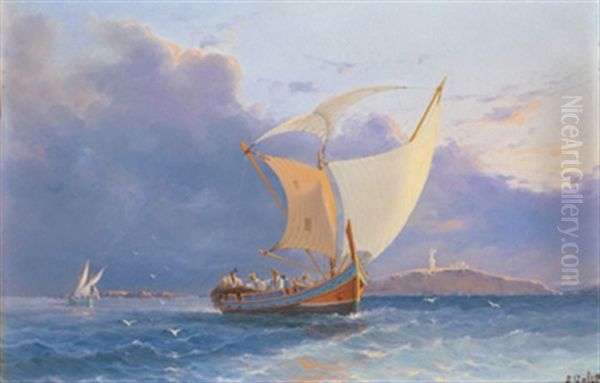 Fiskebatar Utanfor Maltas Hamn Oil Painting by Luigi Maria Galea