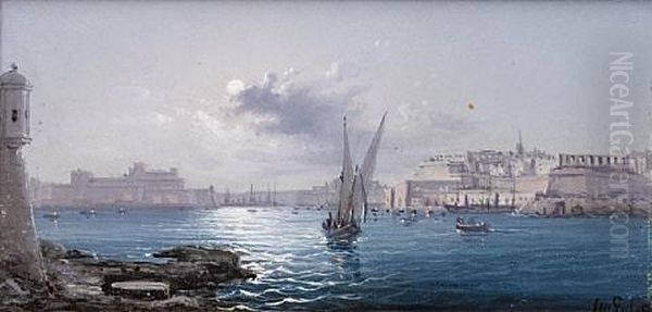 The Grand Harbor, Valetta (+ The Grand Harbour By Moonlight, Smllr; Pair) Oil Painting by Luigi Maria Galea