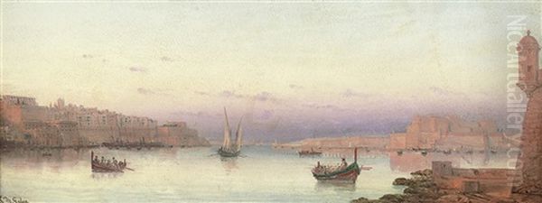 The Harbour Of Valetta From Ricasoli Point Oil Painting by Luigi Maria Galea