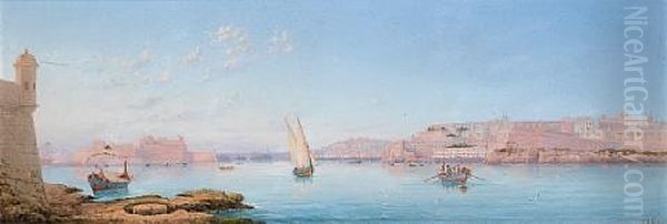 Marsamxett Harbour At Sunset (+ The Grand Harbour From Senglea; Pair) Oil Painting by Luigi Maria Galea