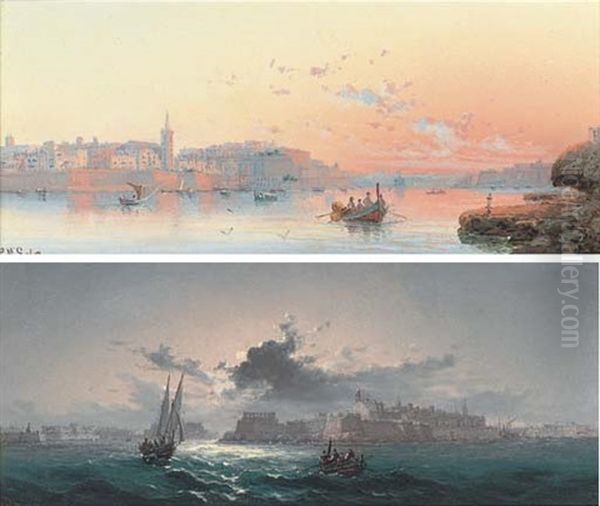 Vessels At Valetta, Dusk (+ Rowing Out From Valetta By Night; Pair) Oil Painting by Luigi Maria Galea