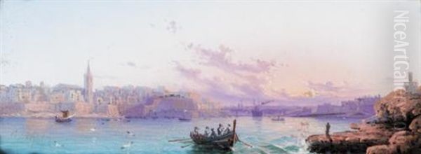 View Of The Grand Harbour At Valetta, Malta (+ Another; Pair) Oil Painting by Luigi Maria Galea