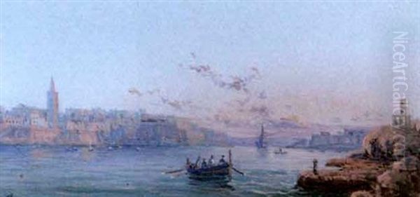 Grand Harbour, Valetta: By Daylight (+ Grand Harbour, Valetta: At Dusk; 2 Works In 1 Frame) Oil Painting by Luigi Maria Galea