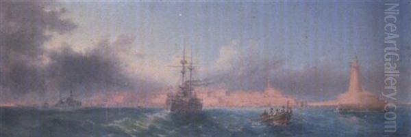 Warships Steaming Out Of The Grand Harbour, Valletta, Malta Oil Painting by Luigi Maria Galea