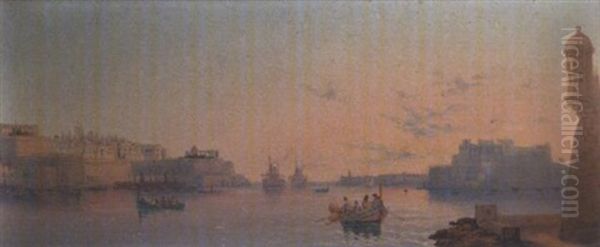 The Grand Harbour At Dawn Oil Painting by Luigi Maria Galea