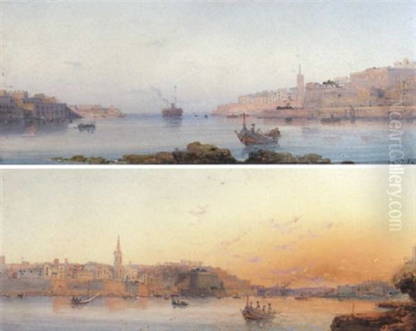 The Grand Harbour, Valetta, Early Morning Oil Painting by Luigi Maria Galea