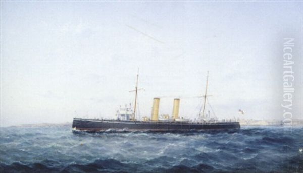 An Apollo Class Protected Cruiser Of The 1890s, Off Grand Harbour, Valetta, Malta Oil Painting by Luigi Maria Galea