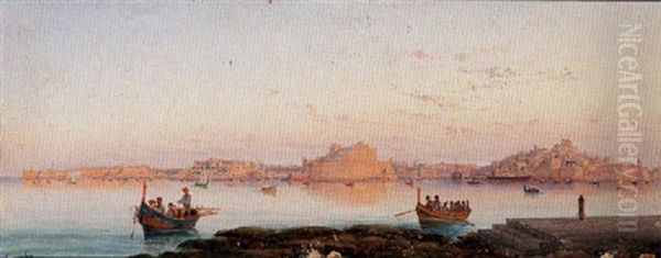 Dusk In The Grand Harbour, Valletta, Malta Oil Painting by Luigi Maria Galea