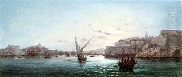 Moonlight In The Grand Harbour, Valletta Oil Painting by Luigi Maria Galea