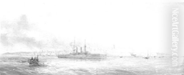 A Battleship Off Valletta by Luigi Maria Galea