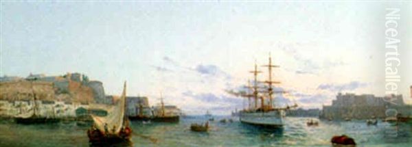 At The Entrance Of Valletta Harbor, Malta Oil Painting by Luigi Maria Galea