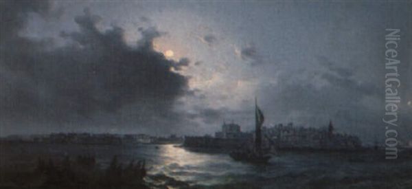 A View Of Malta By Night Oil Painting by Luigi Maria Galea